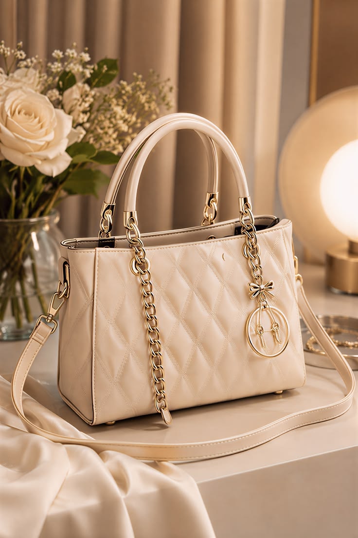 Elegant Cream Quilted Chain Tote Handbag with Crossbody Strap