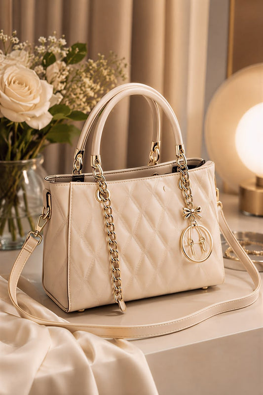 Elegant Cream Quilted Chain Tote Handbag with Crossbody Strap