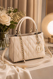 Elegant Cream Quilted Chain Tote Handbag with Crossbody Strap