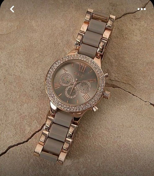 Elegant Rose Gold & Taupe Crystal Chronograph Women's Watch